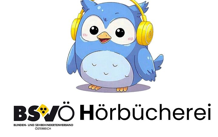 Logo der Hörbücherei. Eine kleine blaue Eule mit gelben Kopfhörern